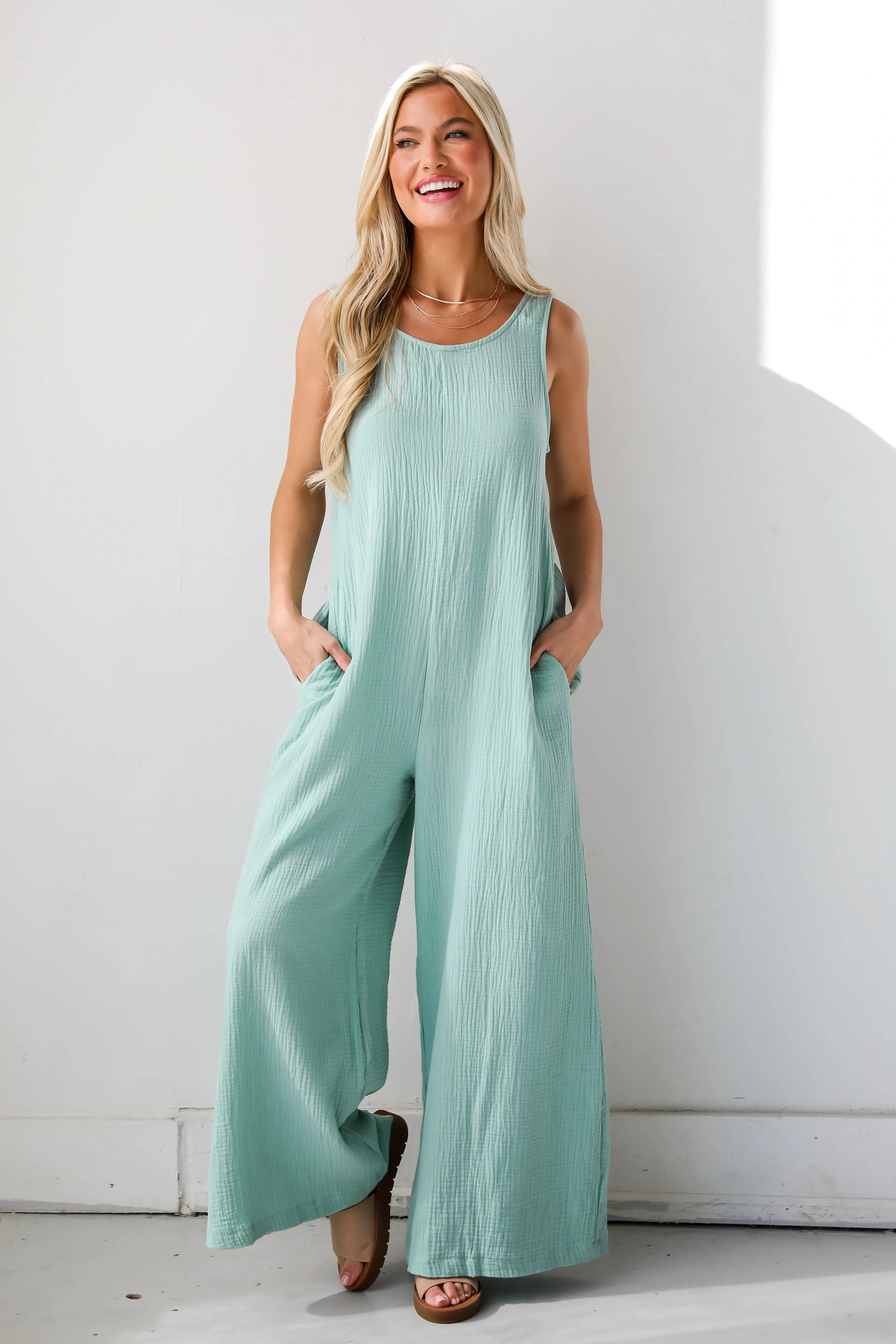 FINAL SALE - Iconic Personality Mint Linen Jumpsuit
