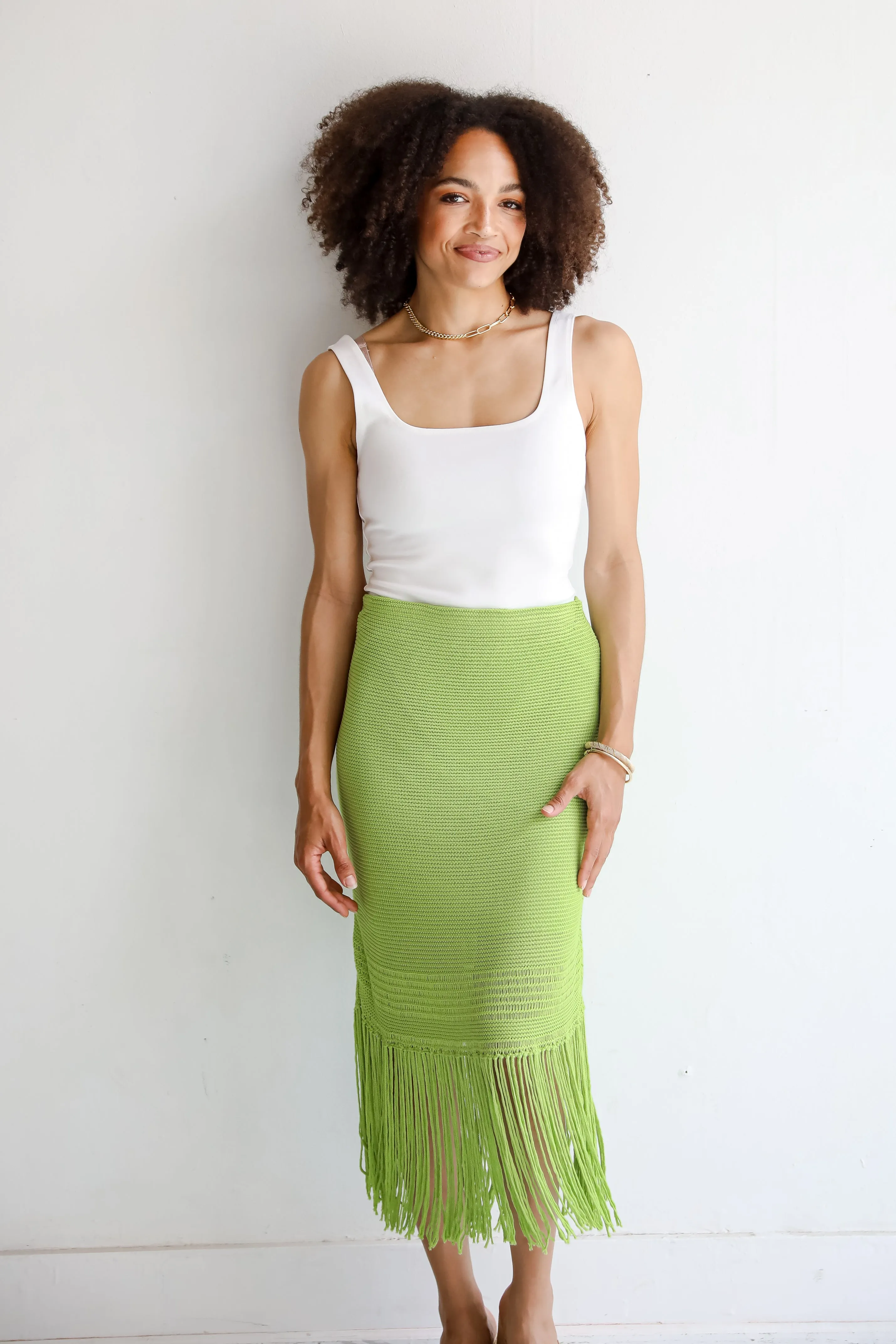FINAL SALE - Sunshine Loving Lime Knit Fringe Midi Skirt