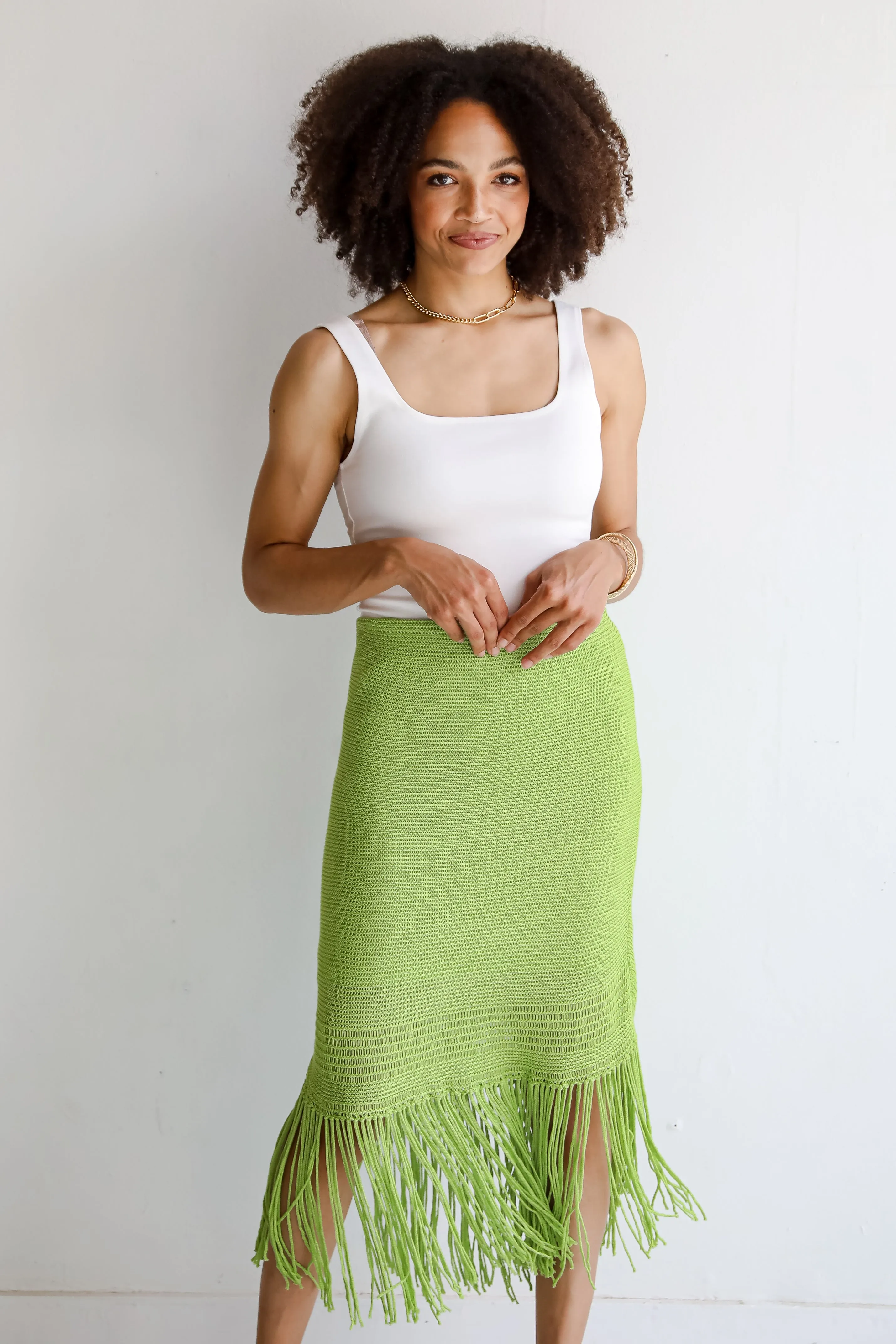 FINAL SALE - Sunshine Loving Lime Knit Fringe Midi Skirt