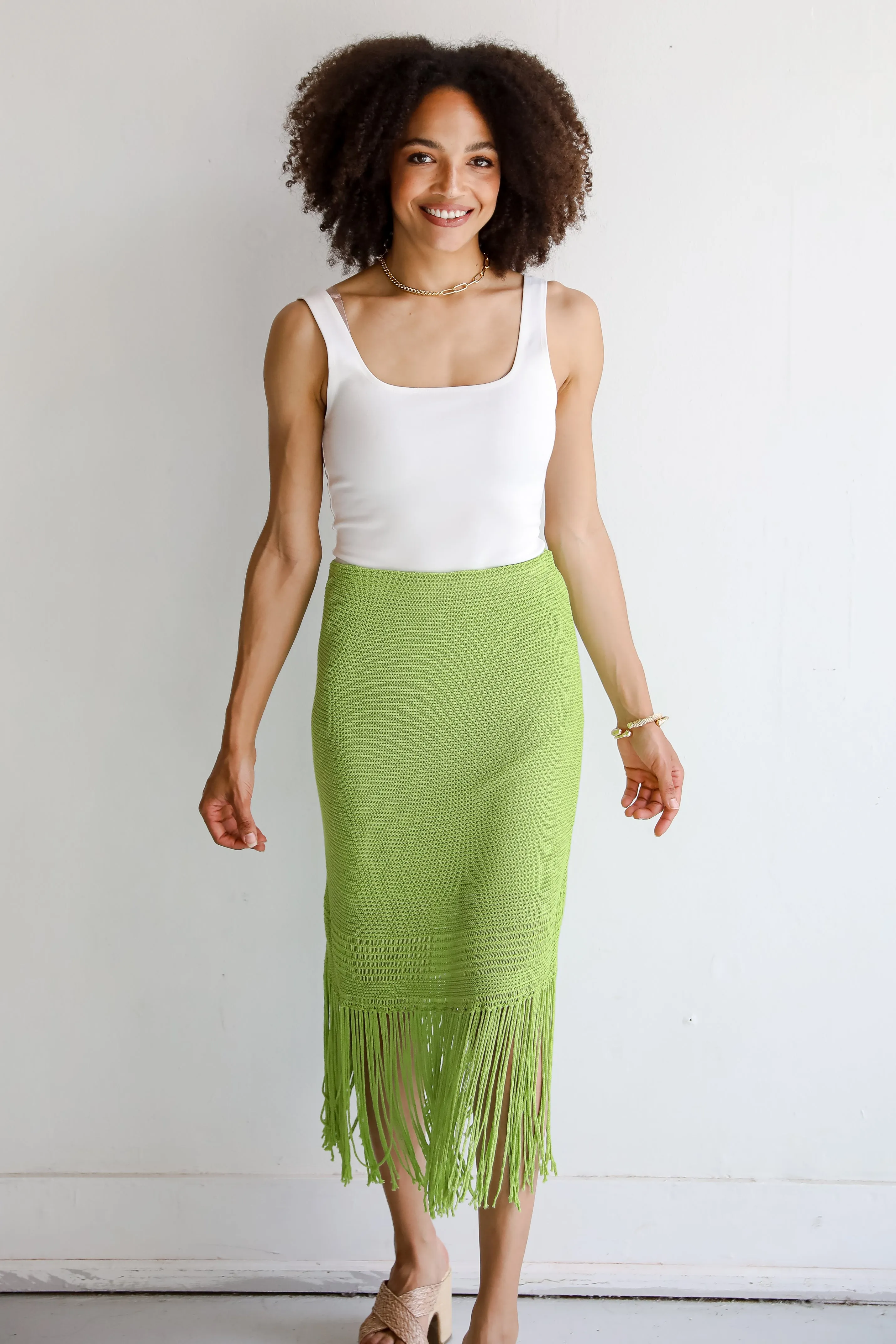 FINAL SALE - Sunshine Loving Lime Knit Fringe Midi Skirt