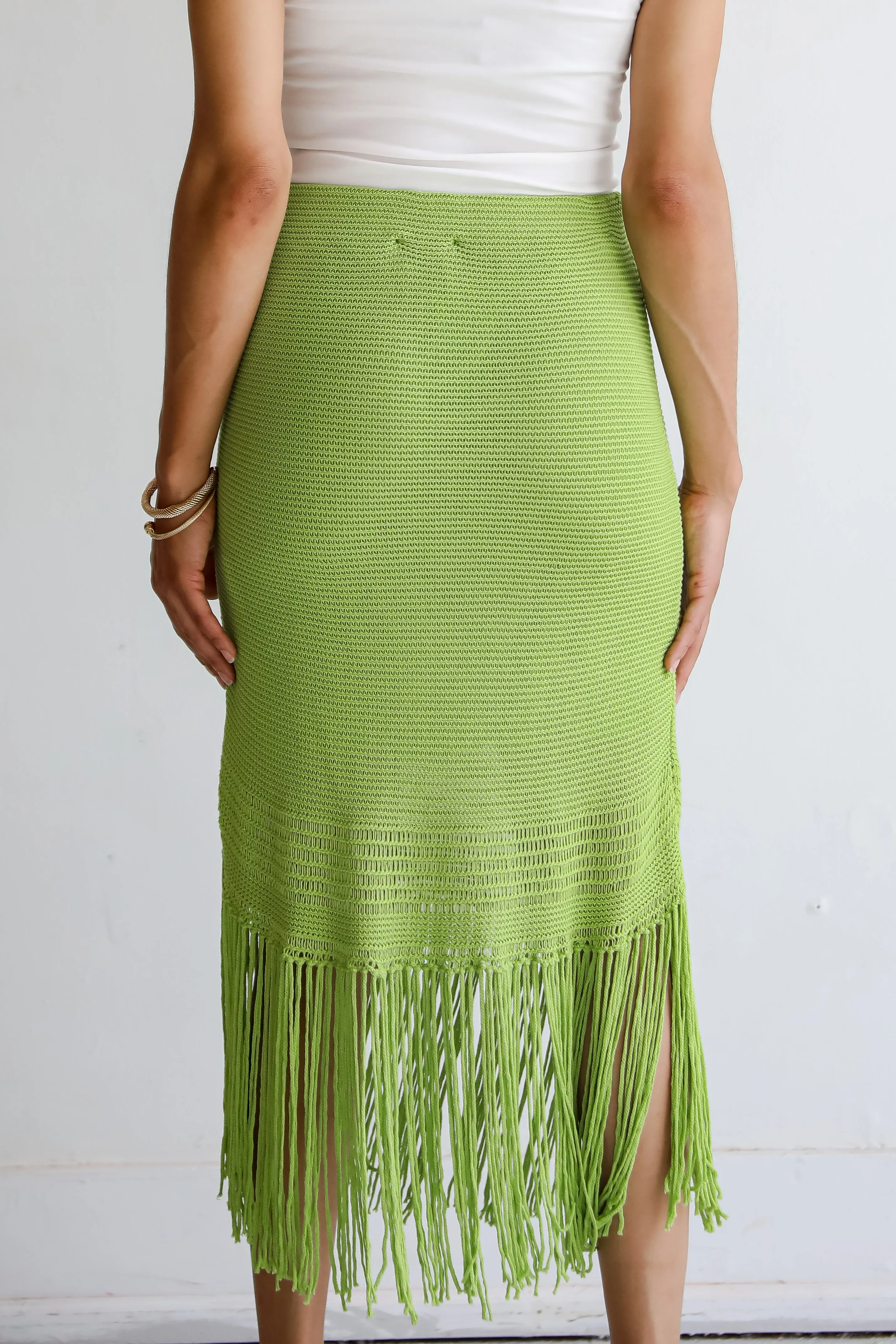 FINAL SALE - Sunshine Loving Lime Knit Fringe Midi Skirt