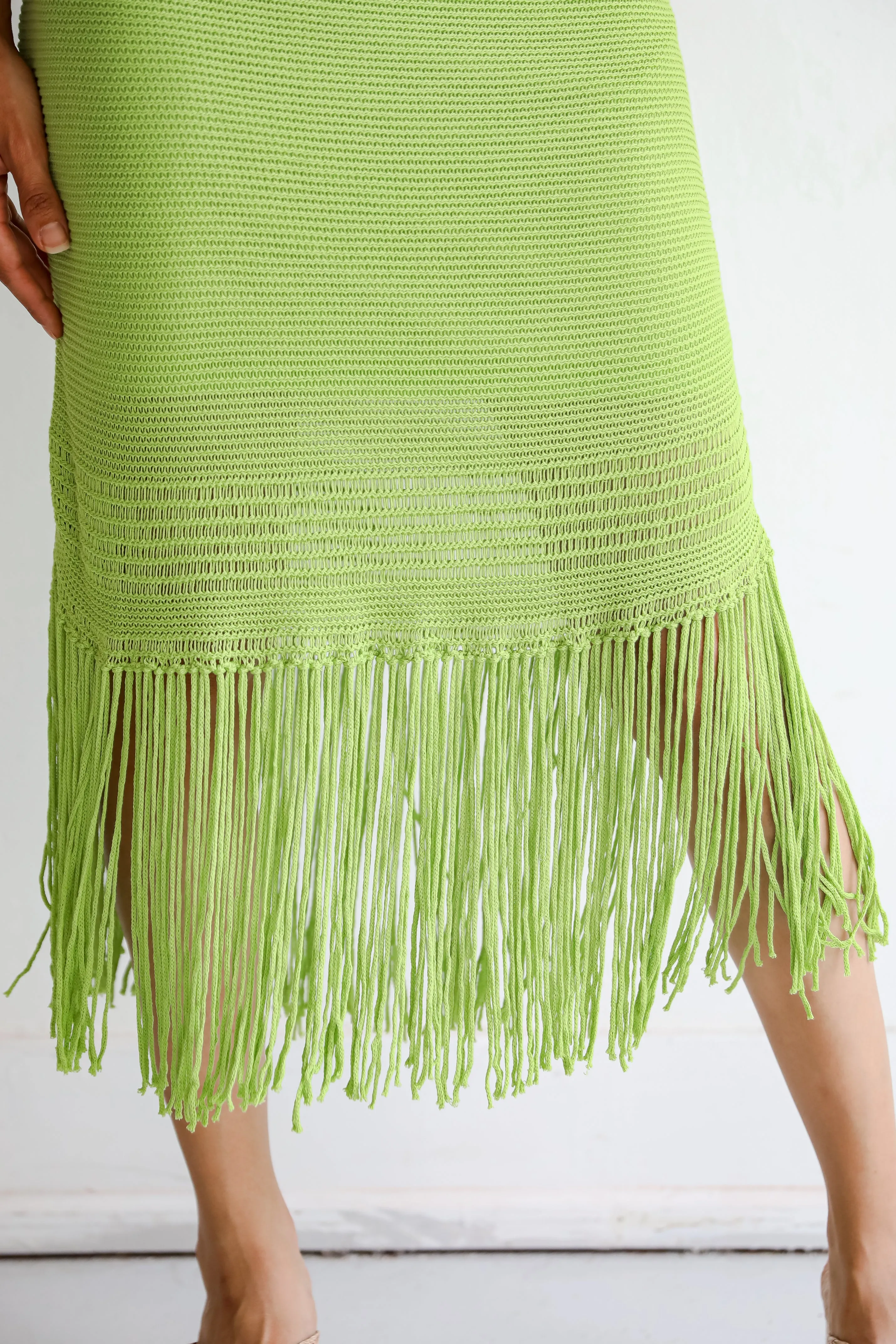 FINAL SALE - Sunshine Loving Lime Knit Fringe Midi Skirt