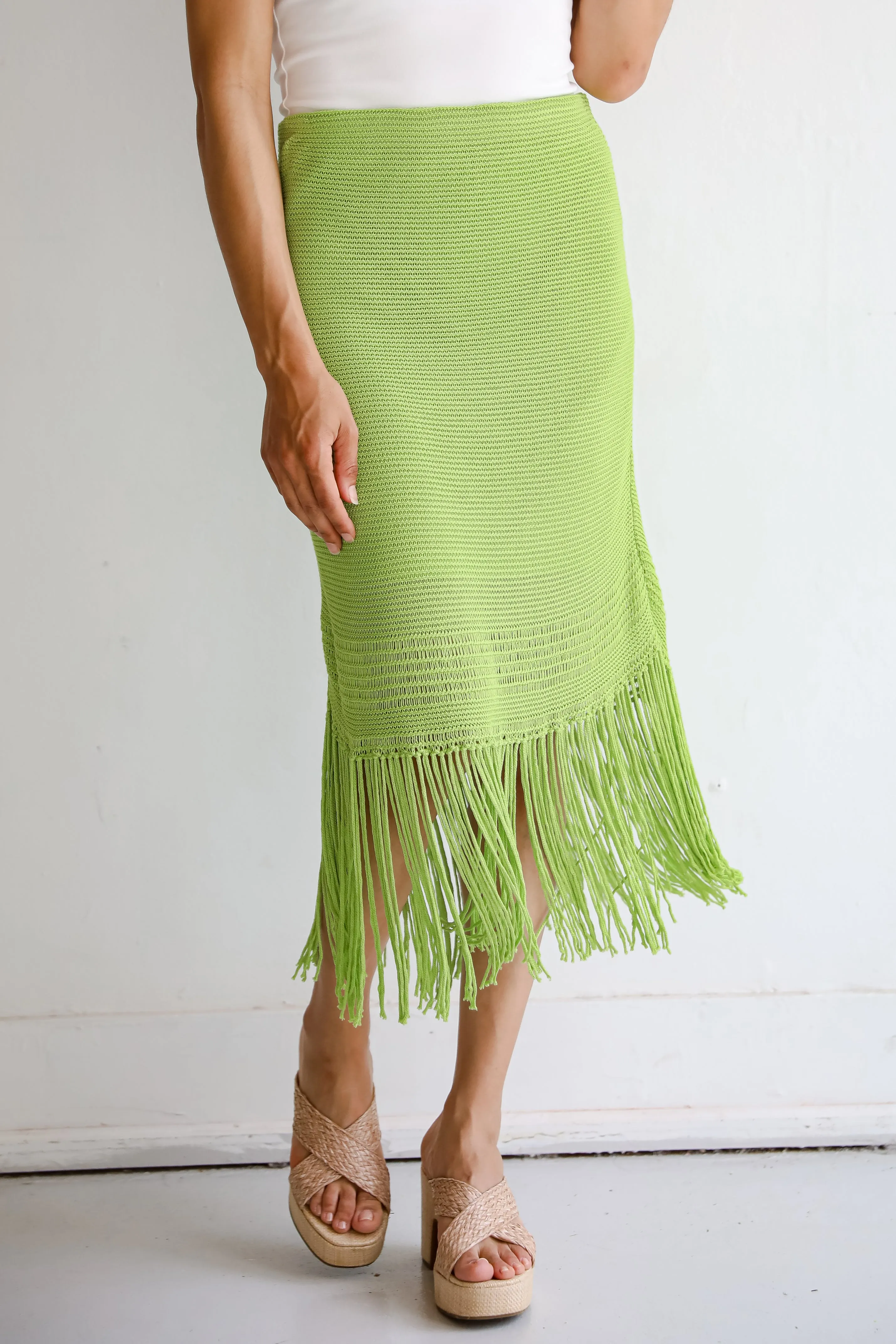 FINAL SALE - Sunshine Loving Lime Knit Fringe Midi Skirt