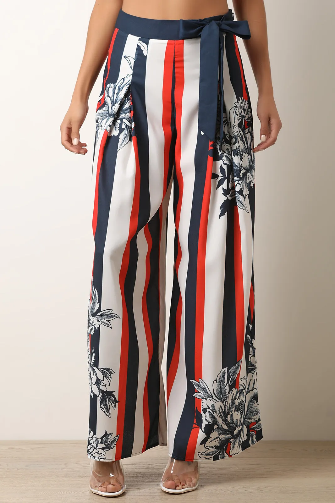 Floral Accent Striped Palazzo Pants