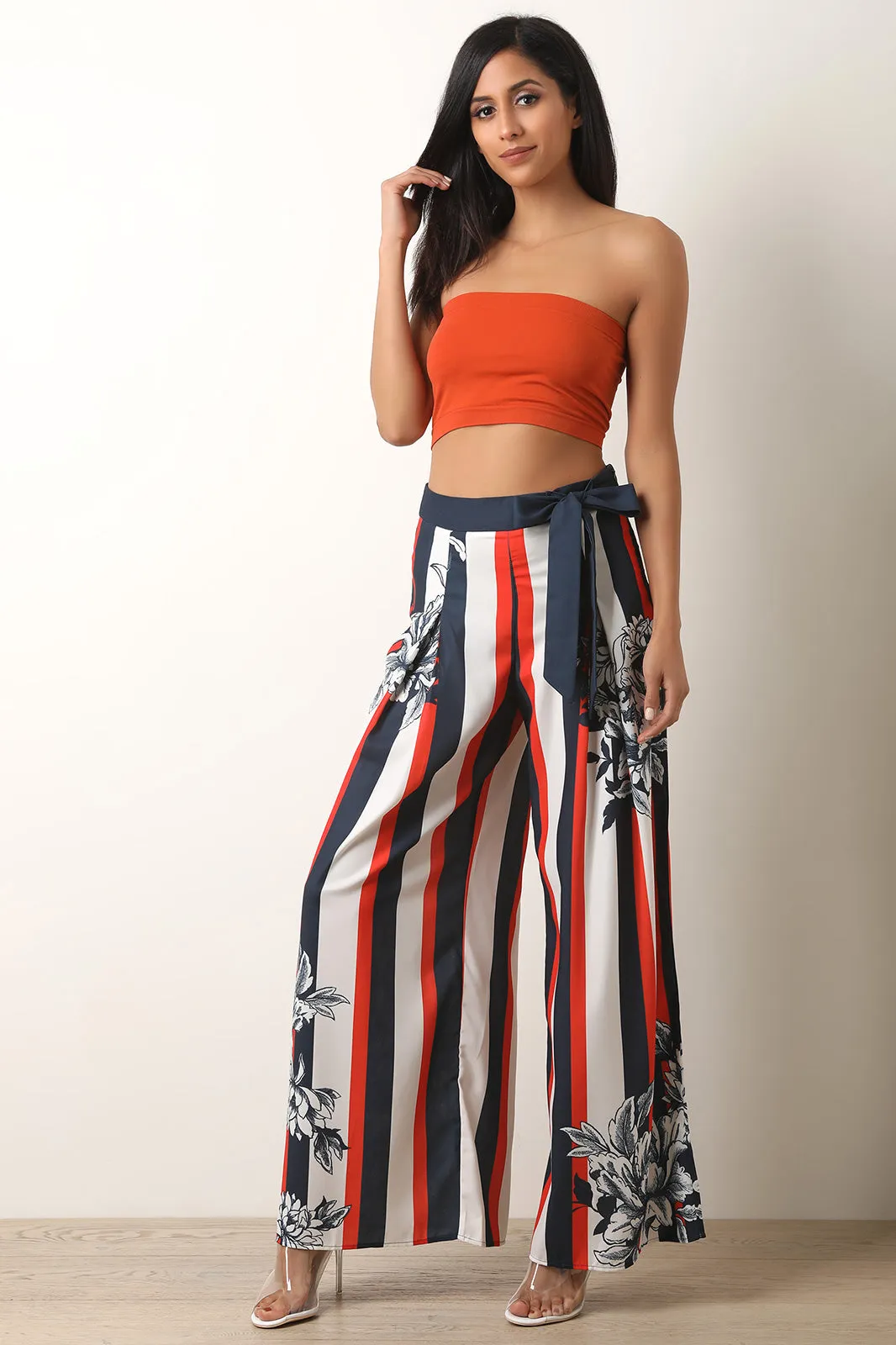 Floral Accent Striped Palazzo Pants
