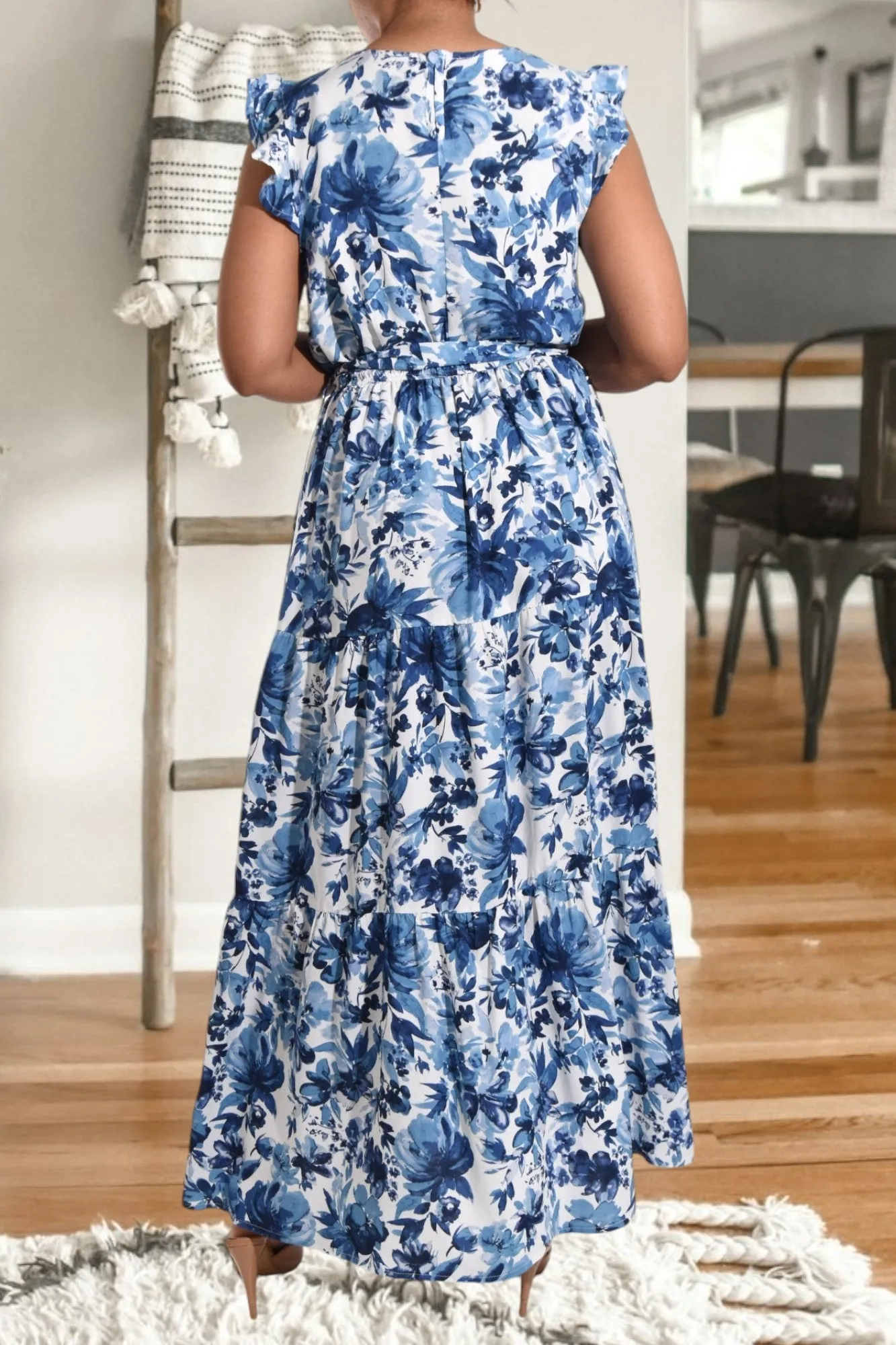 Floral Blue Ruffle Tie Dress