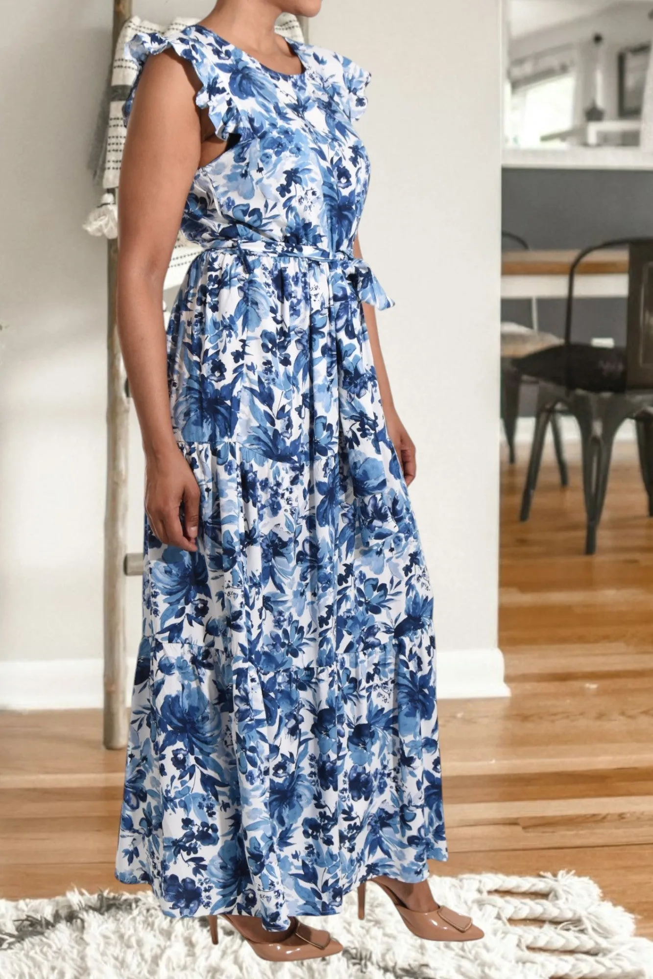 Floral Blue Ruffle Tie Dress