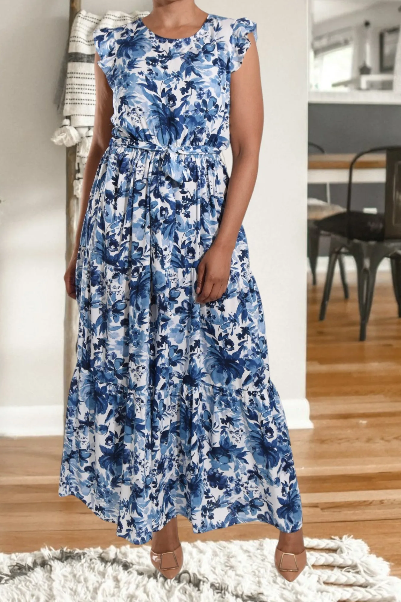 Floral Blue Ruffle Tie Dress