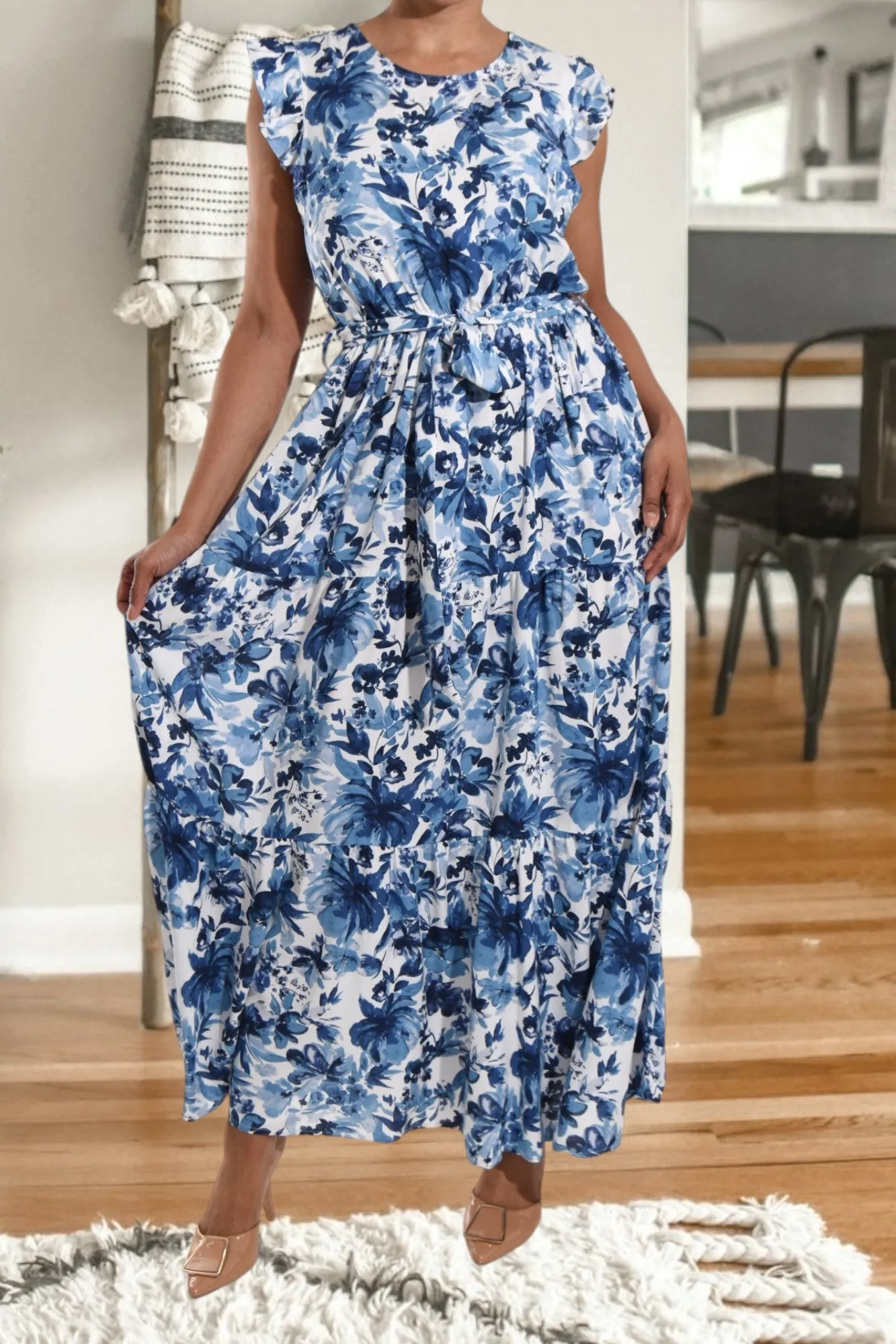 Floral Blue Ruffle Tie Dress
