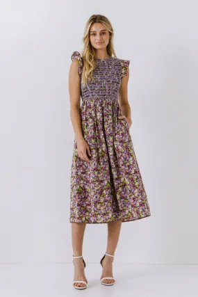 Floral Smocked Sleeveless Midi Dress