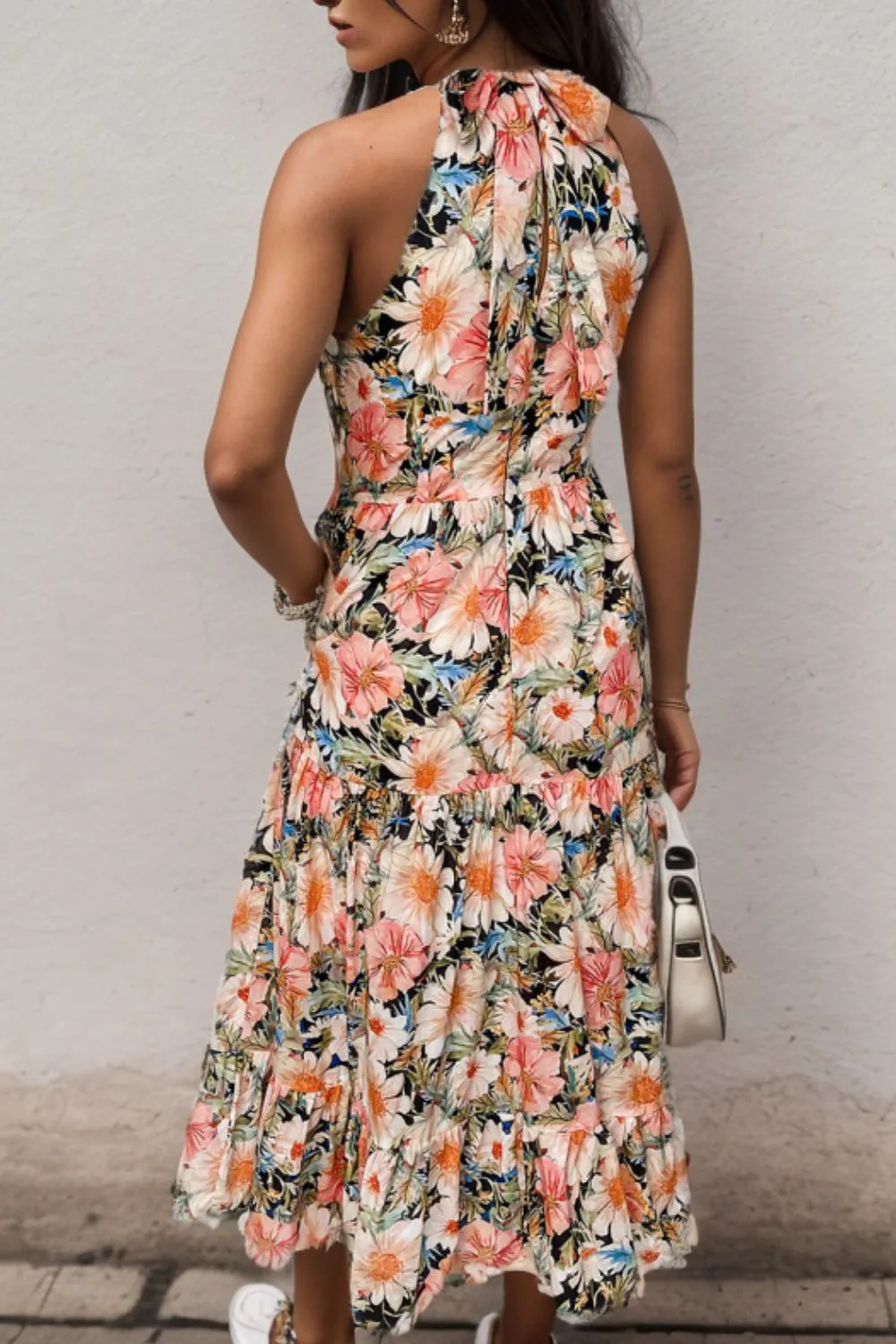 Floral Tiered Pocketed Mock Neck Midi Dress