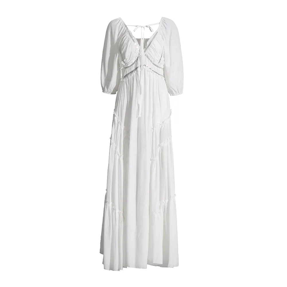 Folds Minimalist Dresses For Women V Neck Half Sleeve High Waist Folds Elegant Dress Female Fashion Clothing