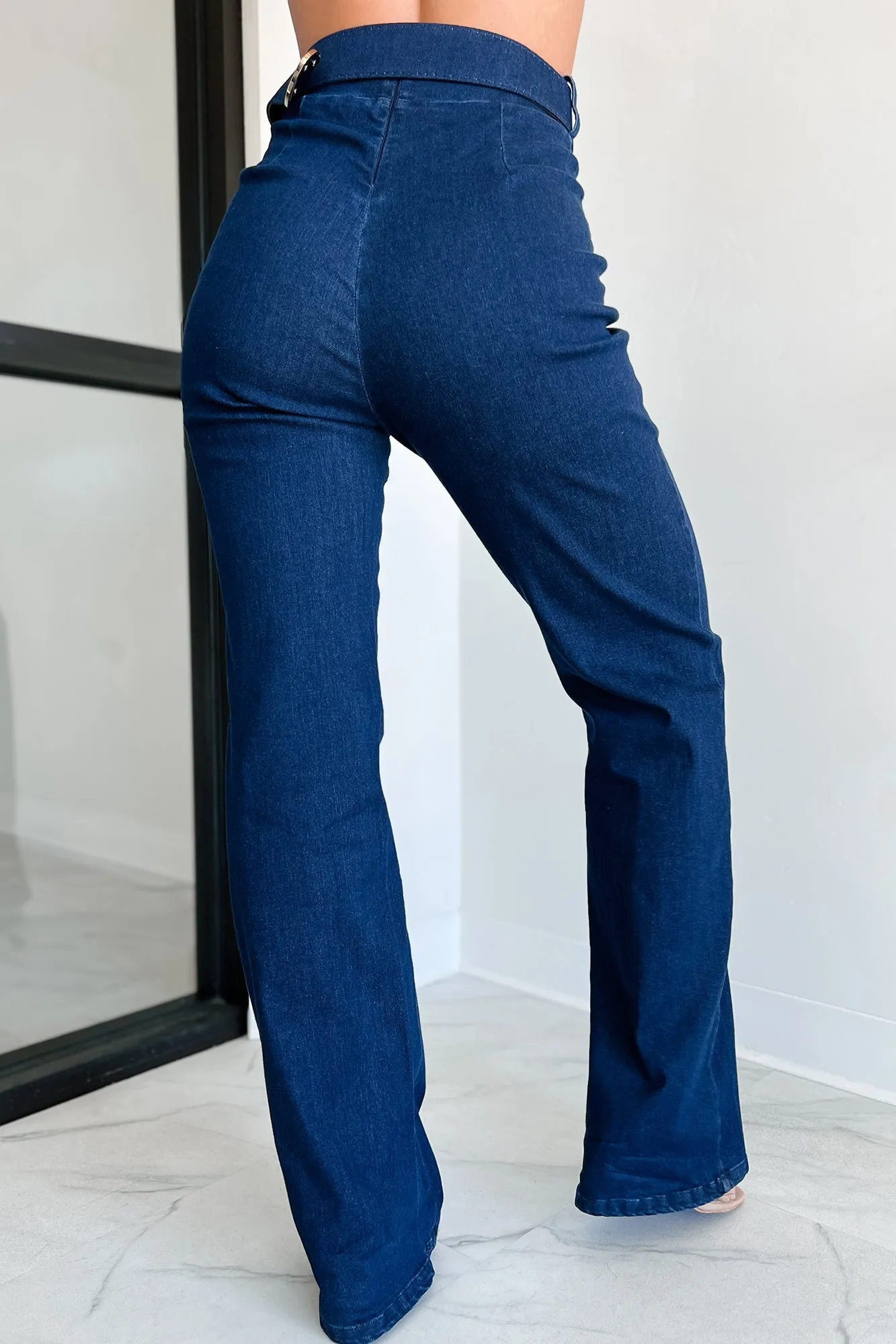Fredericka Belted Denim High Waist Pants (Dark Wash)