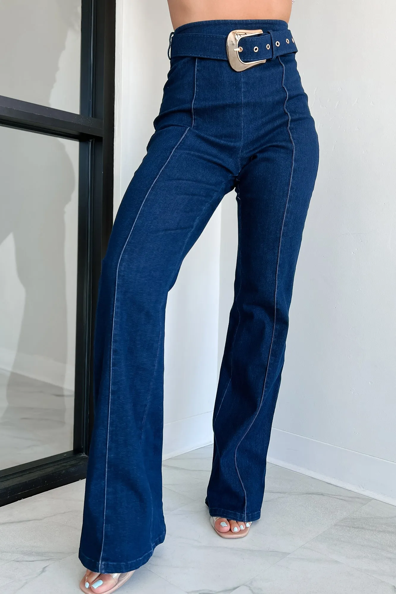 Fredericka Belted Denim High Waist Pants (Dark Wash)