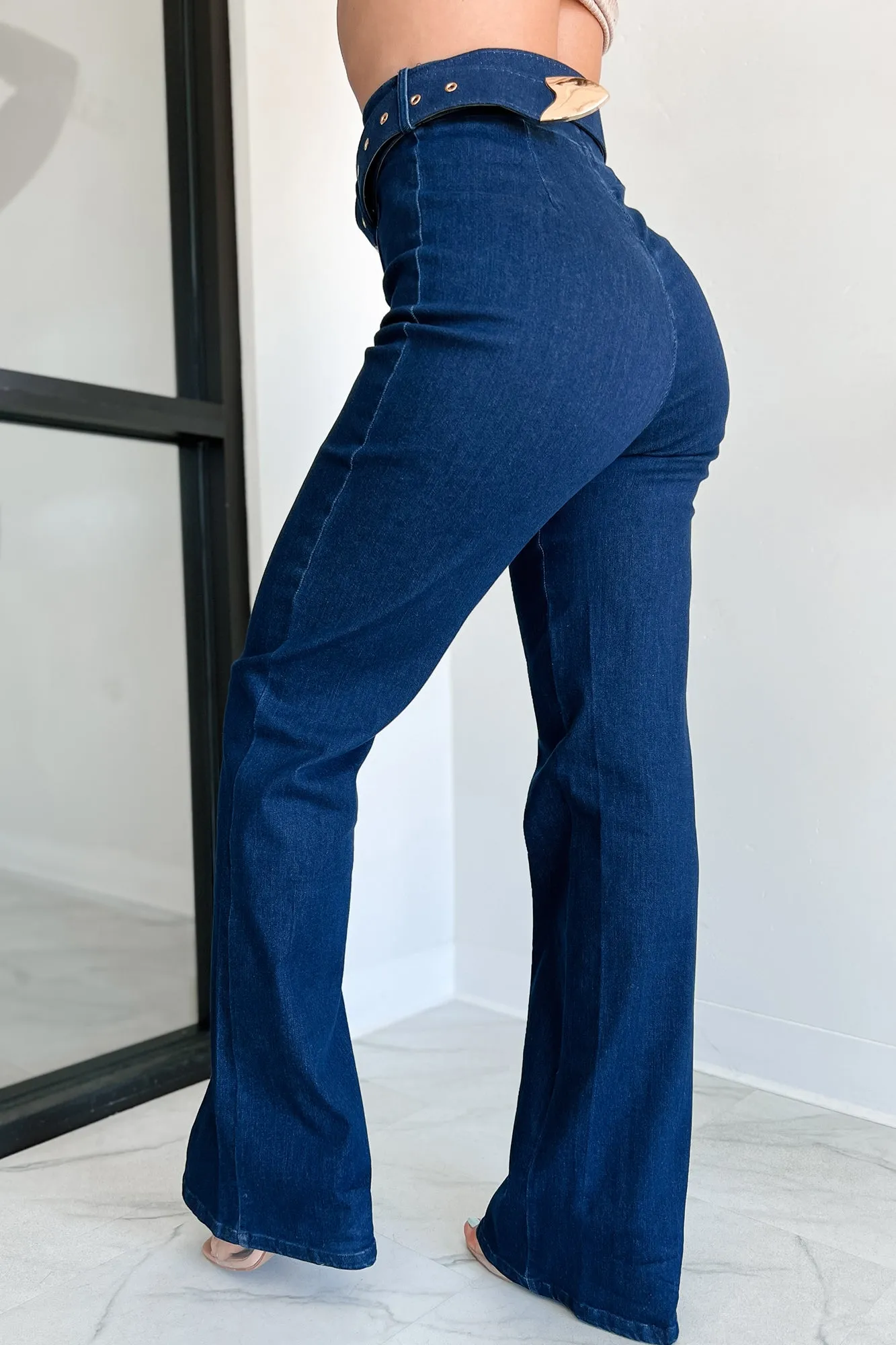 Fredericka Belted Denim High Waist Pants (Dark Wash)