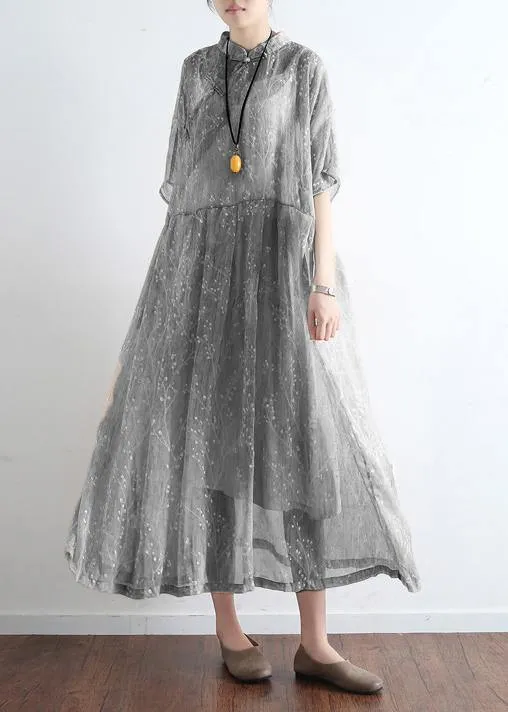 French light gray cotton dresses Mom Inspiration stand collar Art summer Dress