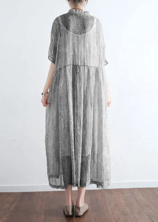 French light gray cotton dresses Mom Inspiration stand collar Art summer Dress