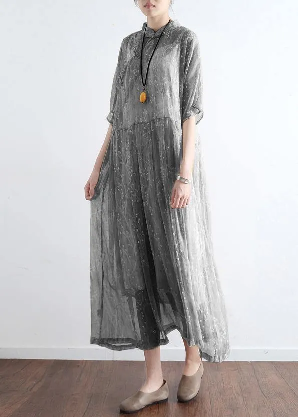 French light gray cotton dresses Mom Inspiration stand collar Art summer Dress