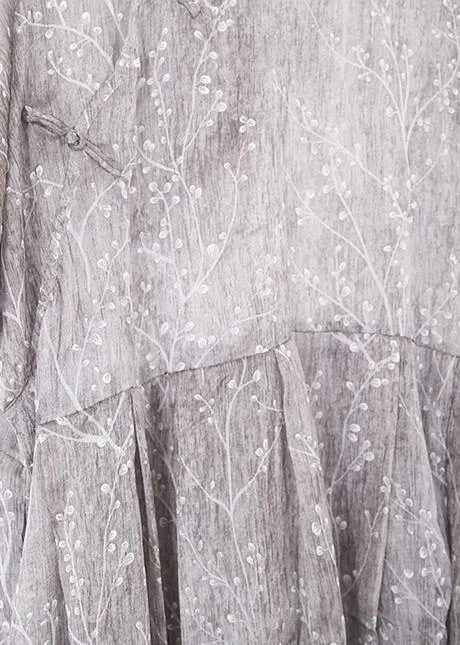 French light gray cotton dresses Mom Inspiration stand collar Art summer Dress