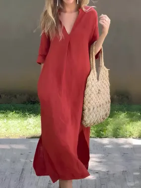 Full Size Notched Half Sleeve Midi Resort Dress