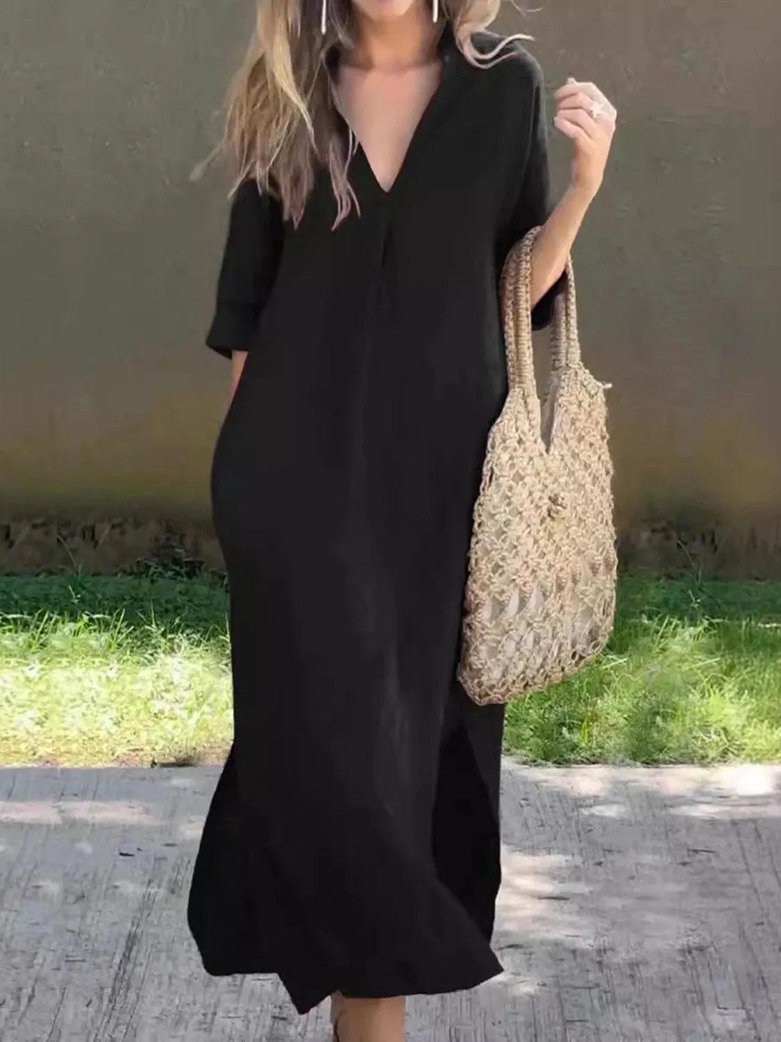 Full Size Notched Half Sleeve Midi Resort Dress