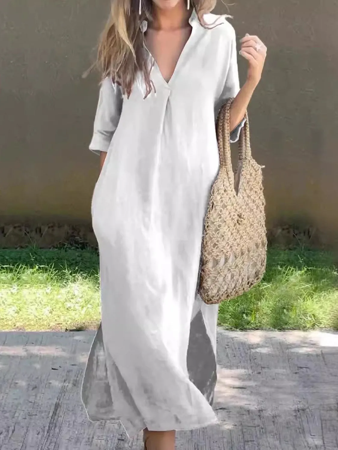 Full Size Notched Half Sleeve Midi Resort Dress
