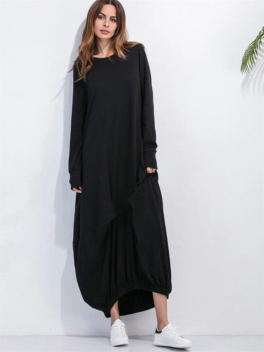 Full Size Round Neck Long Sleeve Sweatshirt Dress Women's Long Sleeve Baggy T Shirt Dress
