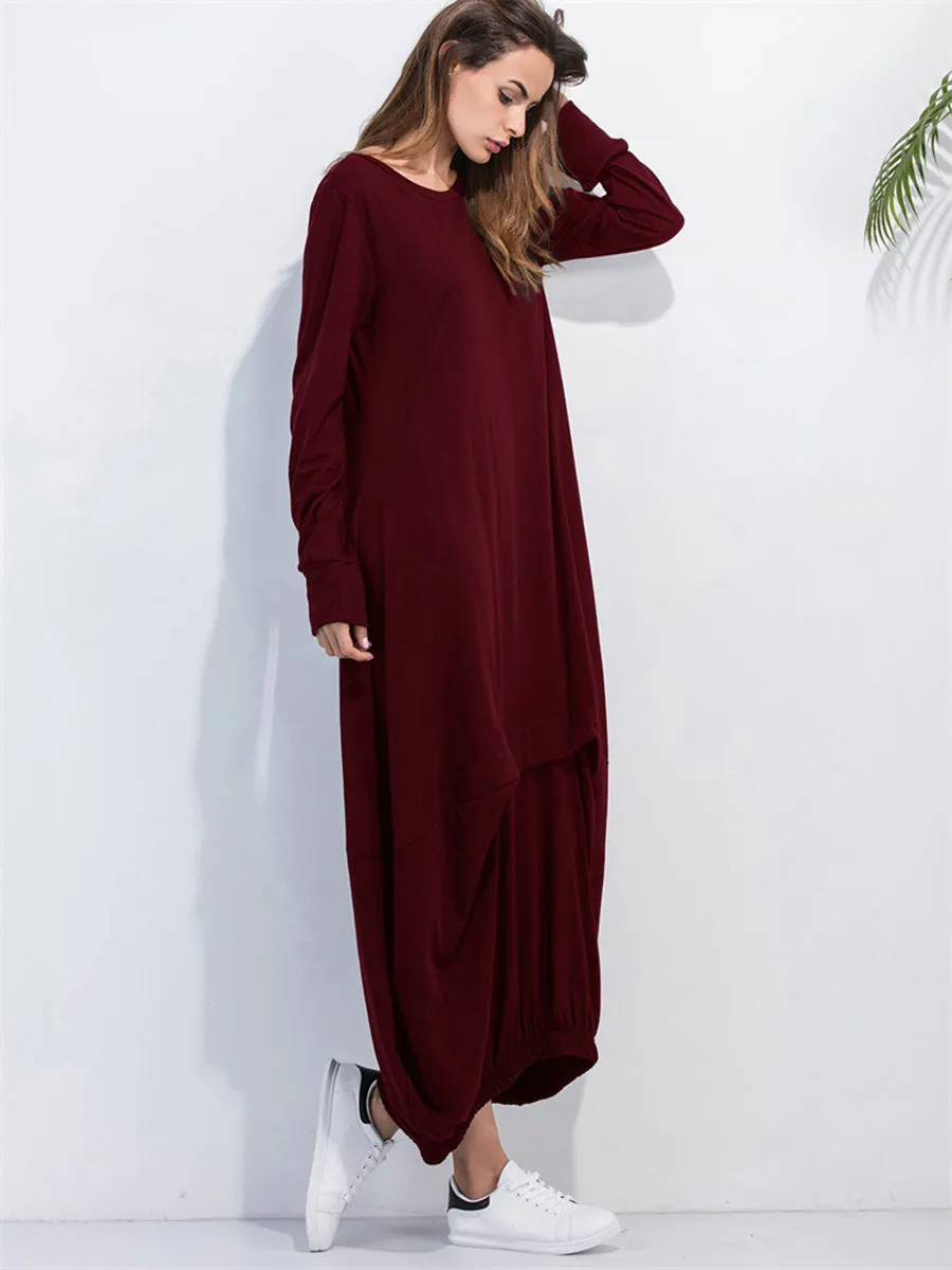 Full Size Round Neck Long Sleeve Sweatshirt Dress Women's Long Sleeve Baggy T Shirt Dress
