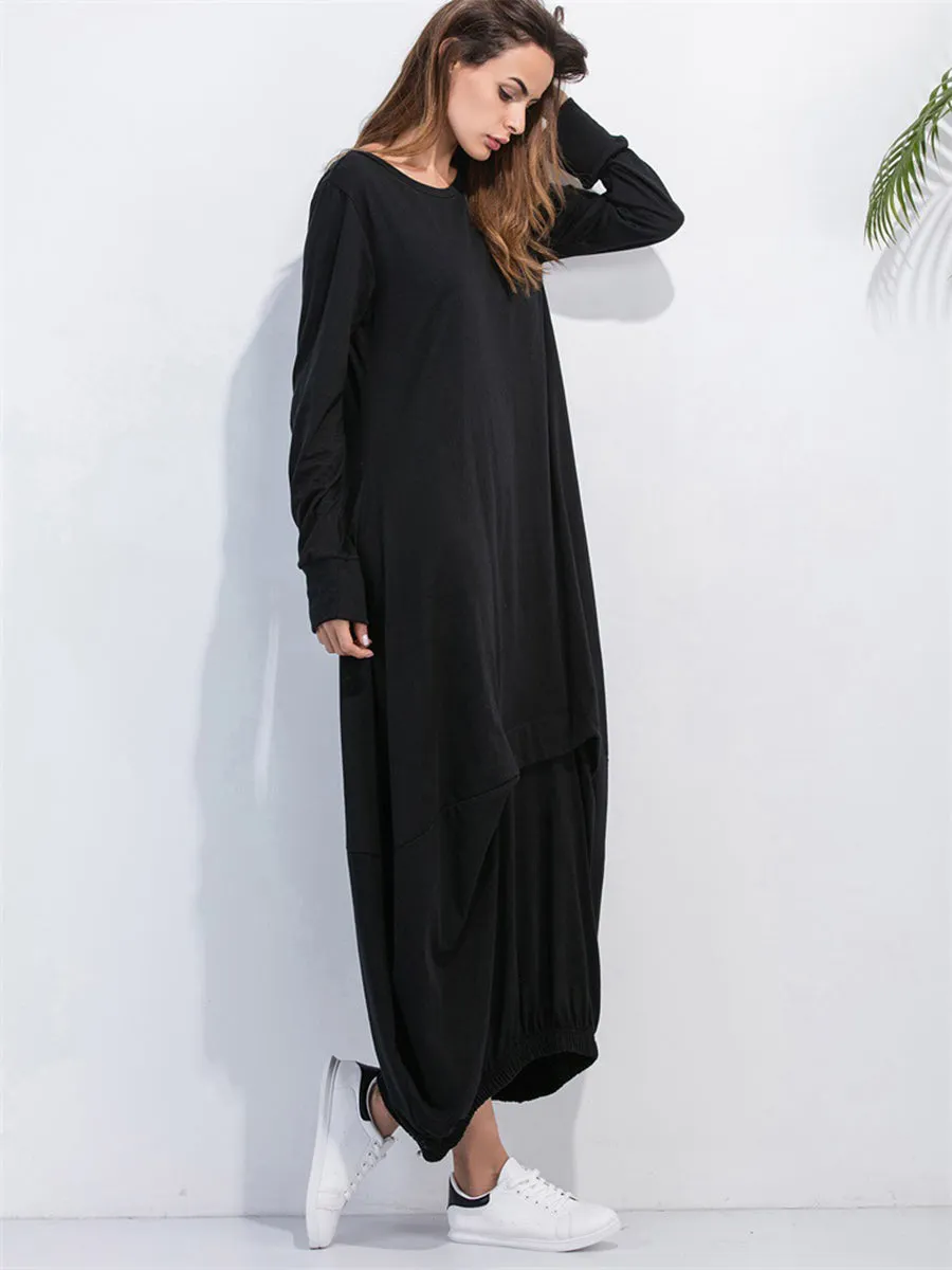 Full Size Round Neck Long Sleeve Sweatshirt Dress Women's Long Sleeve Baggy T Shirt Dress