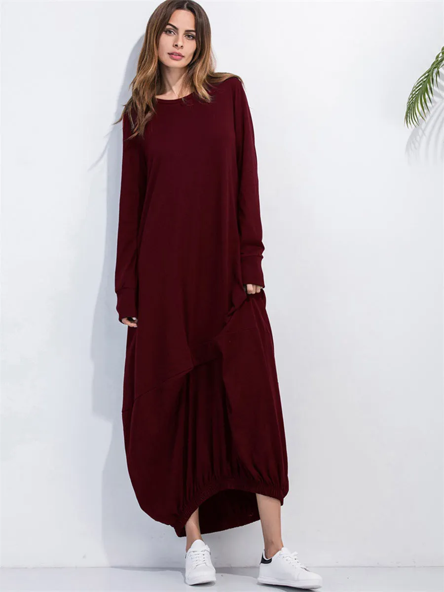 Full Size Round Neck Long Sleeve Sweatshirt Dress Women's Long Sleeve Baggy T Shirt Dress