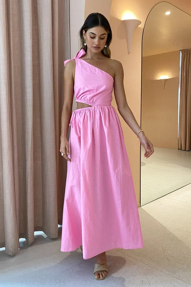 Gabriella One Shoulder Midi Dress in Pink Grapefruit