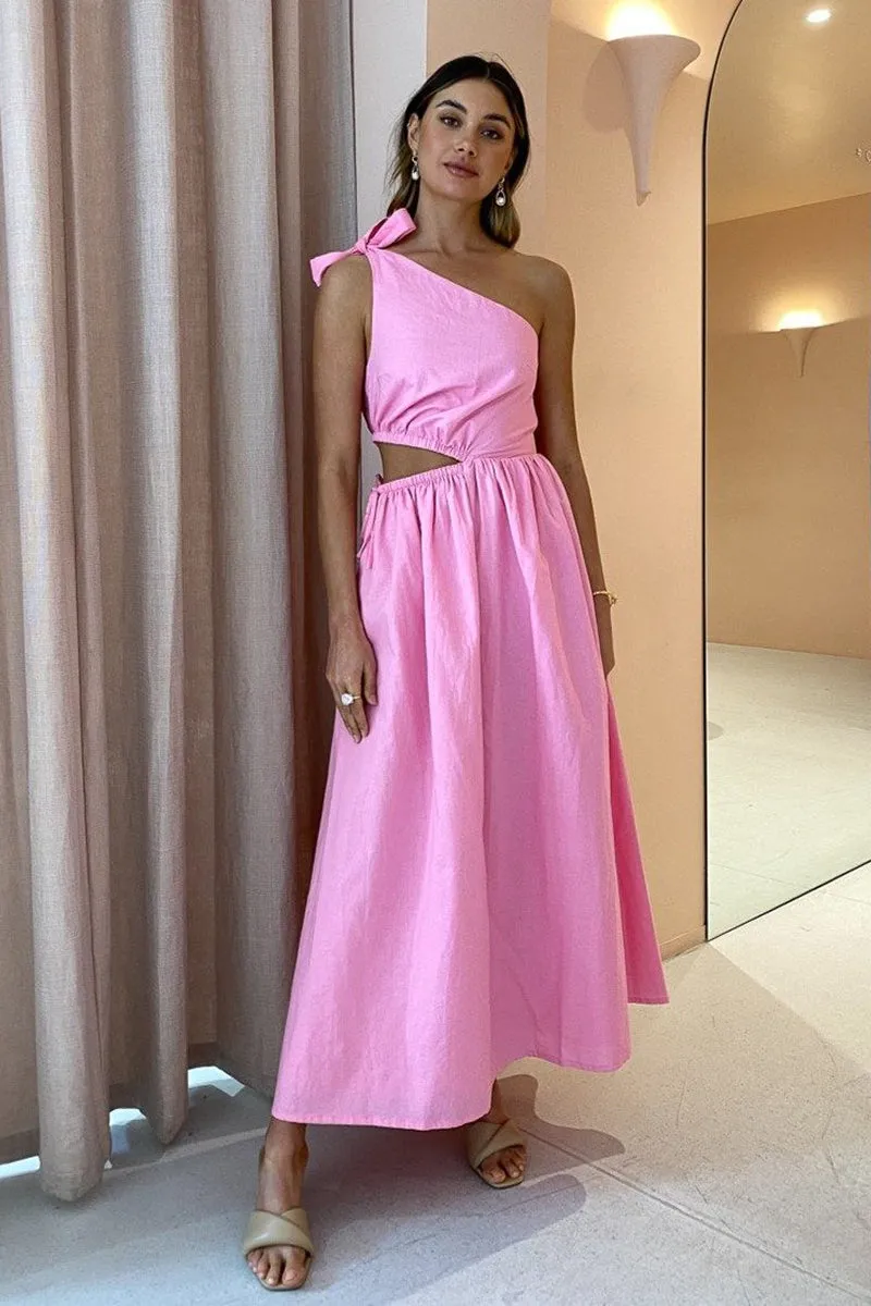 Gabriella One Shoulder Midi Dress in Pink Grapefruit