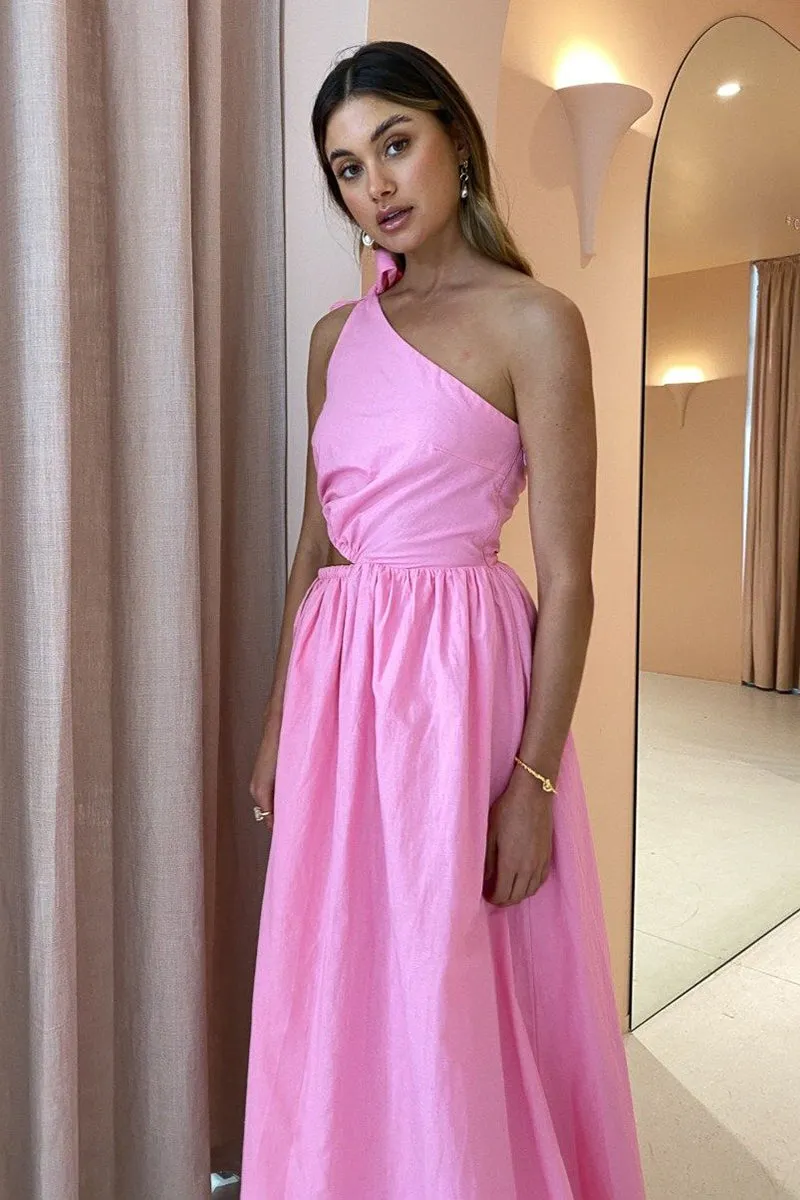 Gabriella One Shoulder Midi Dress in Pink Grapefruit