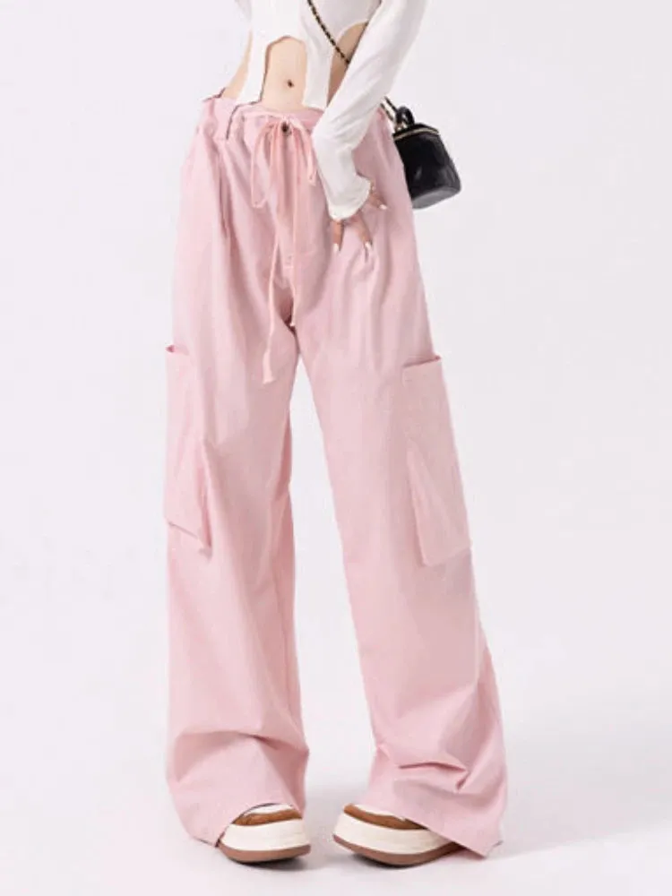 Girlary Pink Korean Fashion Cargo Pants Women Pockets Vintage Designer Baggy Pants Female Holiday High Street Casual Pants Summer