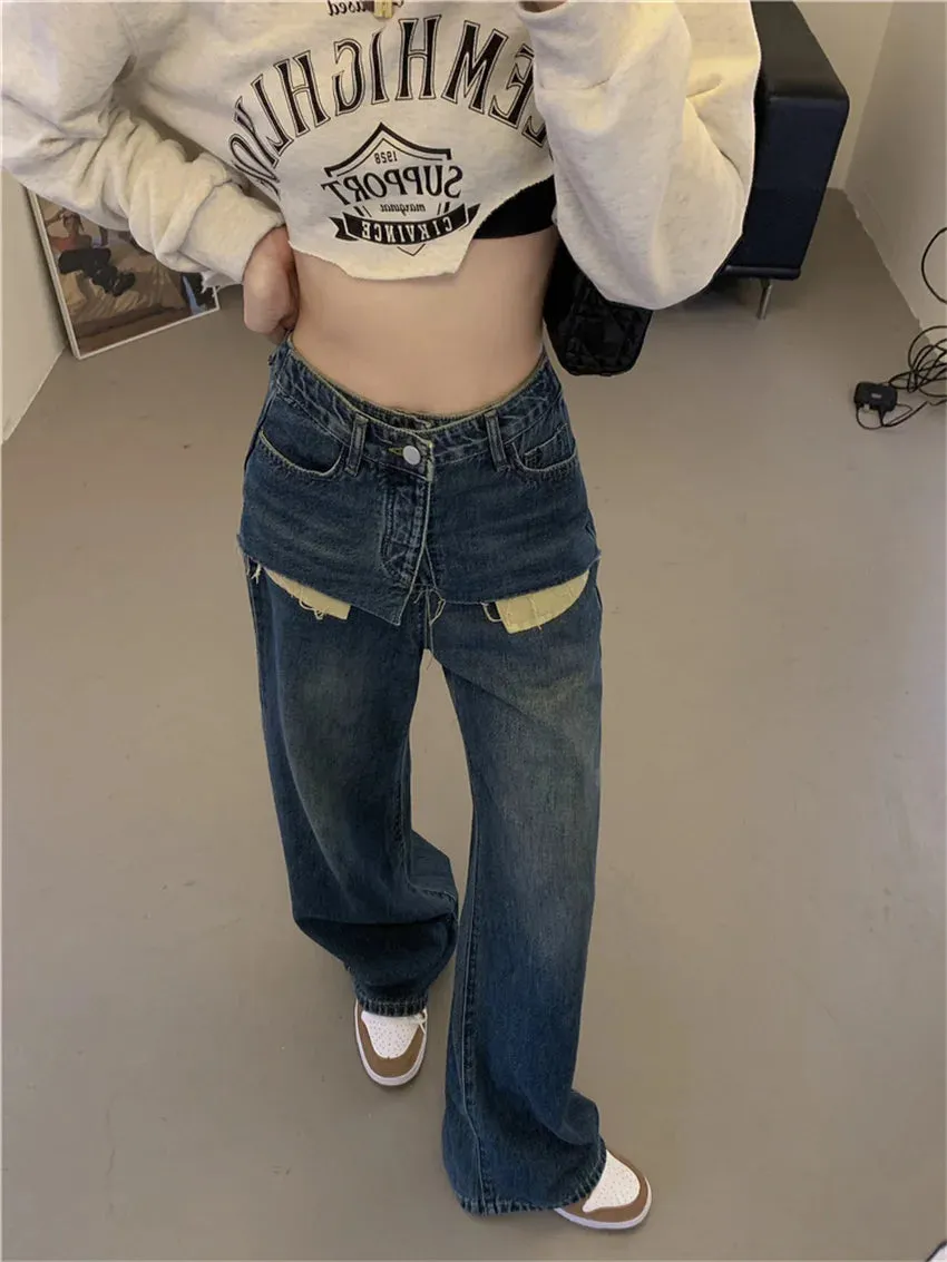 Girlary Stylish Chic High Waist Denim Pants Women High Waist Slim Wide Leg Autumn Mopping Streetwear Office Lady Jeans