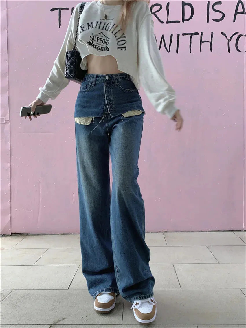 Girlary Stylish Chic High Waist Denim Pants Women High Waist Slim Wide Leg Autumn Mopping Streetwear Office Lady Jeans