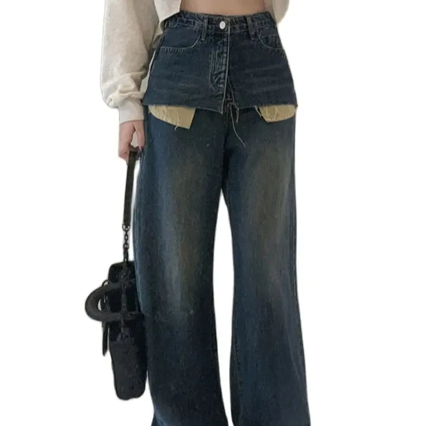 Girlary Stylish Chic High Waist Denim Pants Women High Waist Slim Wide Leg Autumn Mopping Streetwear Office Lady Jeans