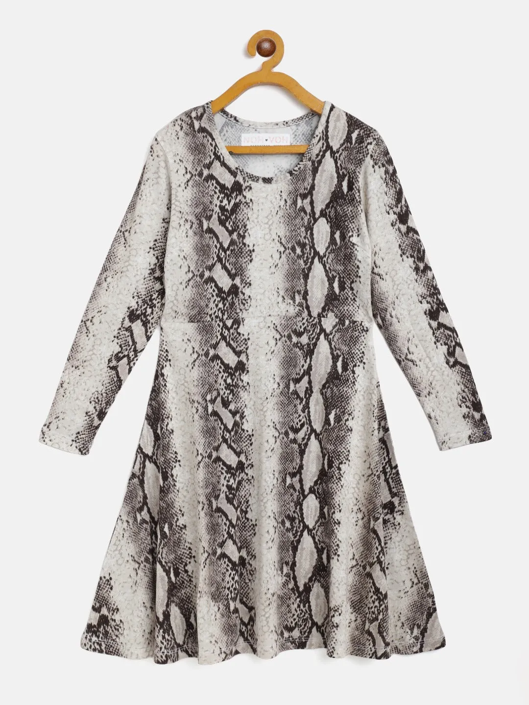 Girls Beige Python Print Midi Skater Dress
