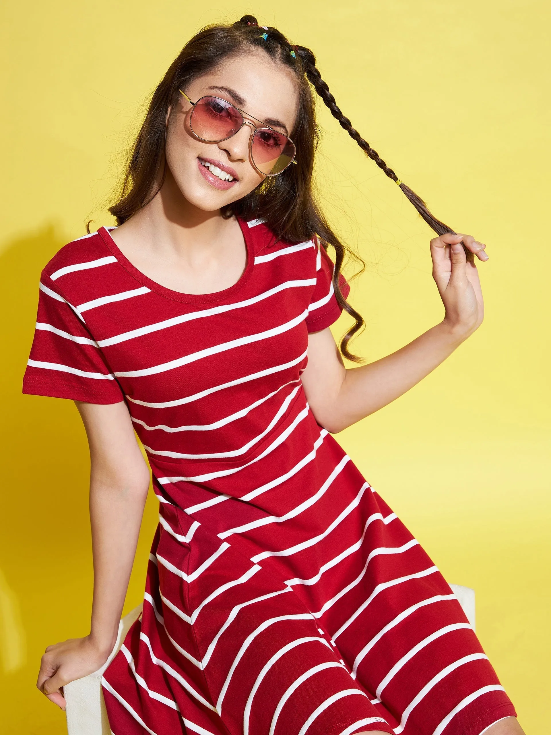 Girls Maroon Stripes Midi Skater Dress