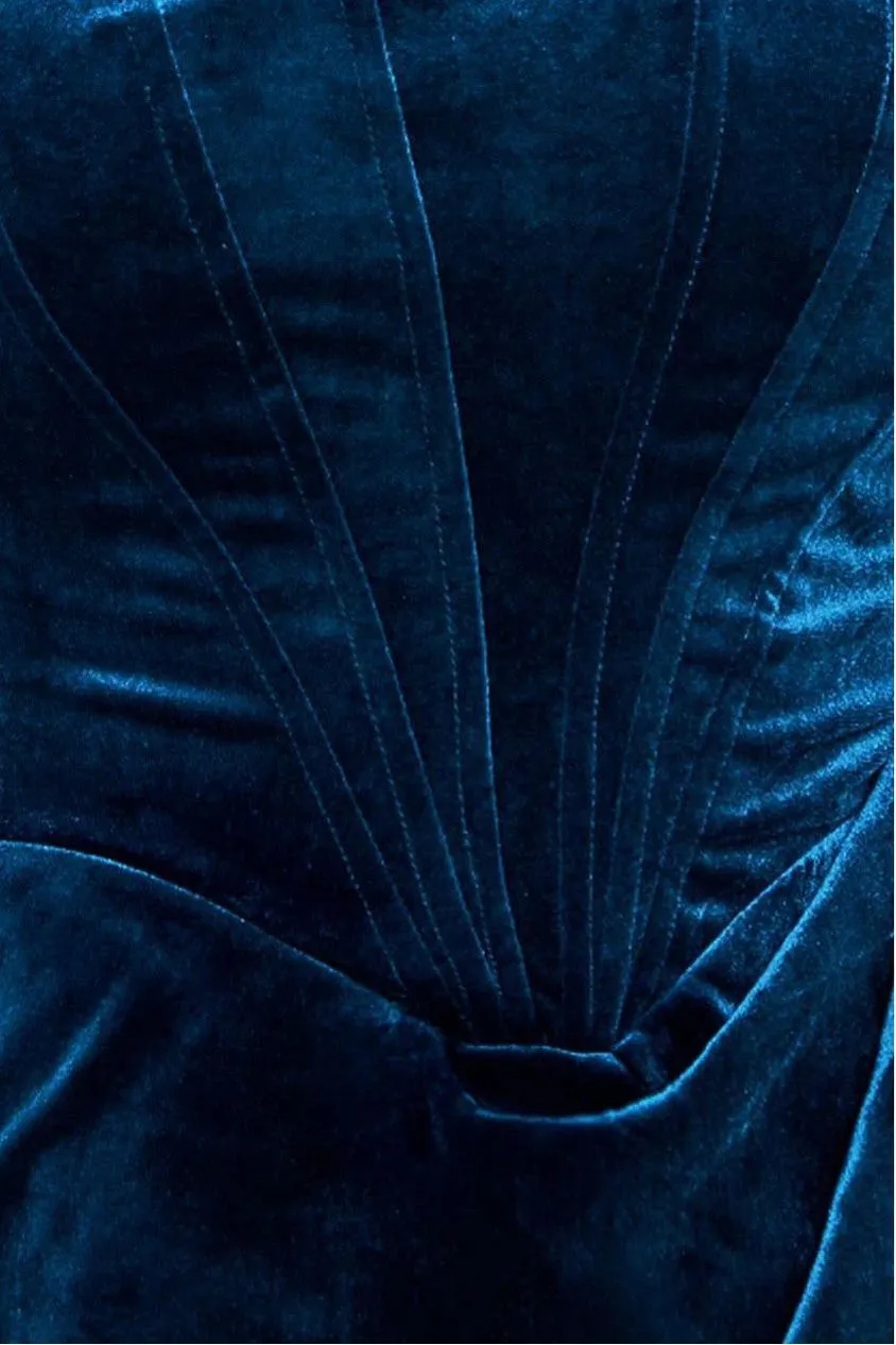 Goddiva Draped Shoulder Velvet Corset Midi Dress - Tealblue