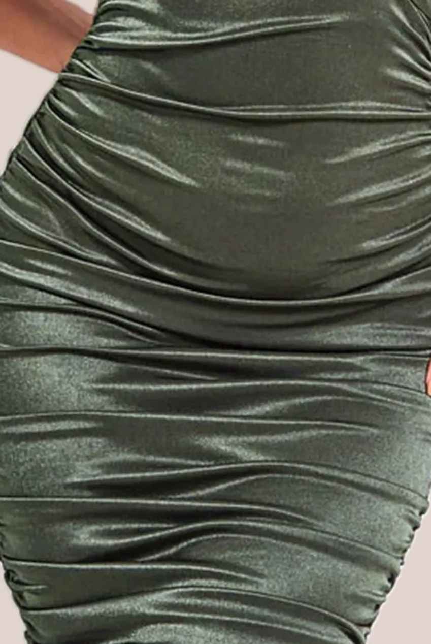 Goddiva Ring Detail One Shoulder Ruched Midi - Khaki