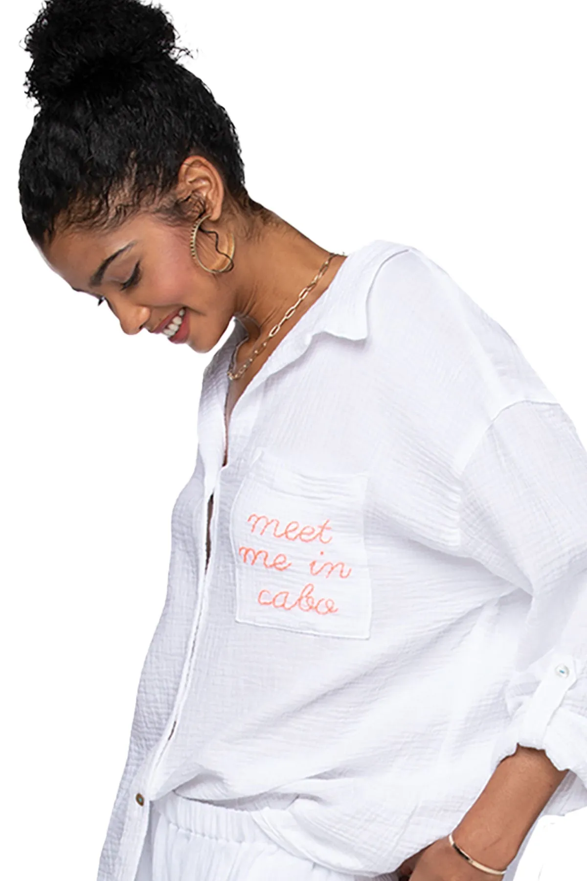 Good Vibes Cotton Gauze Shirt Mini Dress _ Meet me in Cabo Embroidery