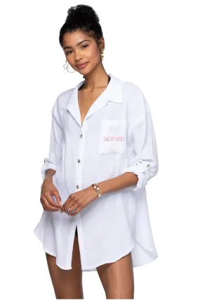 Good Vibes Cotton Gauze Shirt Mini Dress _ Vacay Vibes Embroidery