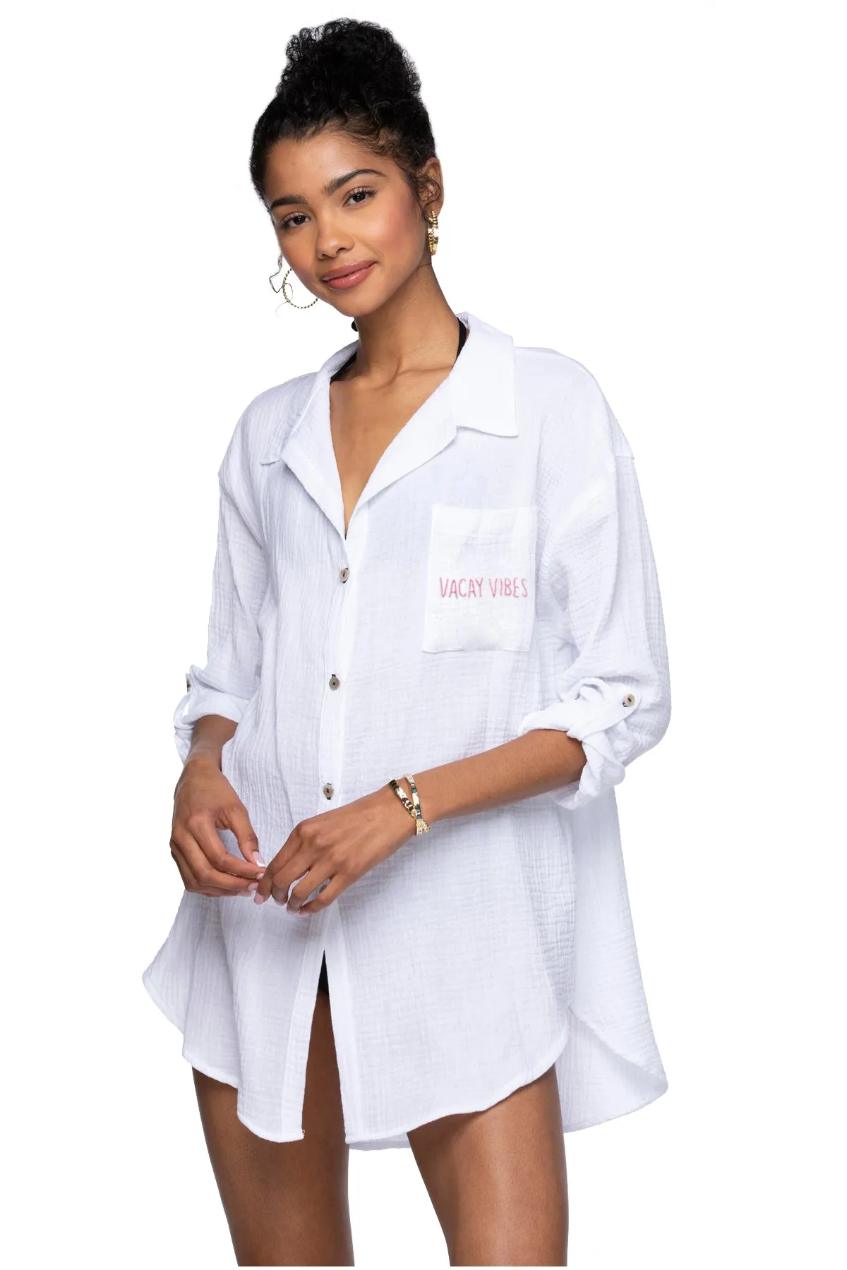 Good Vibes Cotton Gauze Shirt Mini Dress _ Vacay Vibes Embroidery
