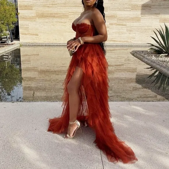 Gorgeous Sweetheart Rust Tiered Long Formal Dress with Slit    fg2555