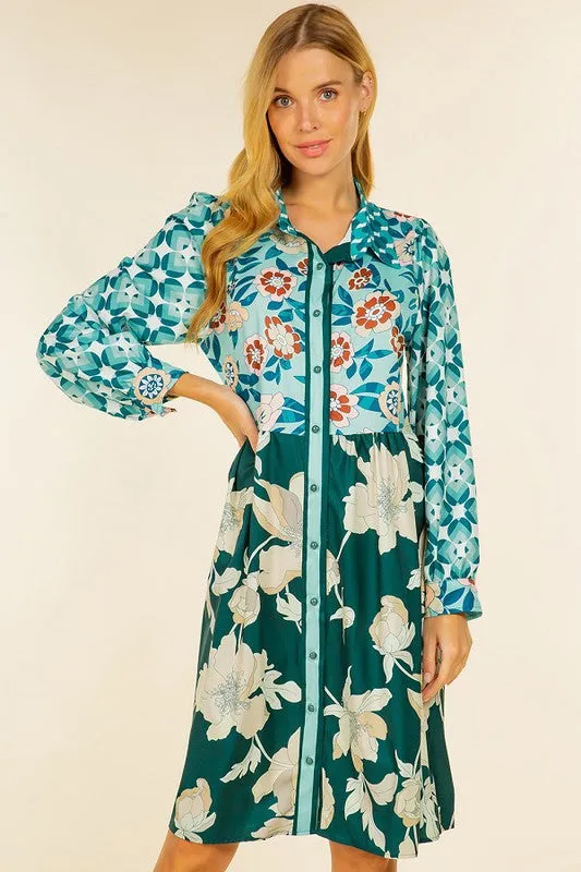 Green Floral Print Long Sleebe Button Down Belted Dress