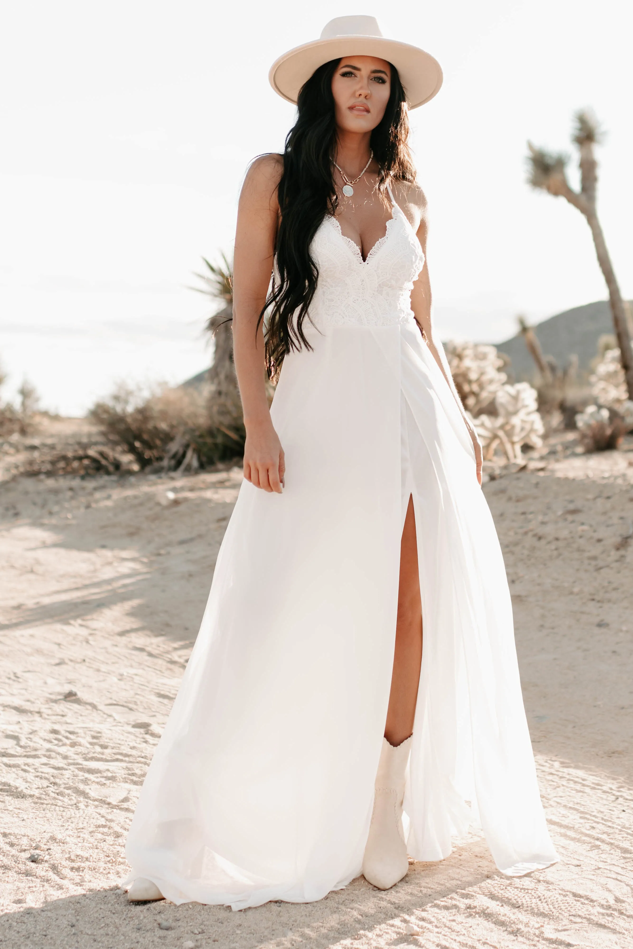 Heavenly Hues Crochet Lace Chiffon Maxi Dress (Ivory)