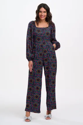 Hestia Shirred Jumpsuit Black / Rainbow Star Explosion
