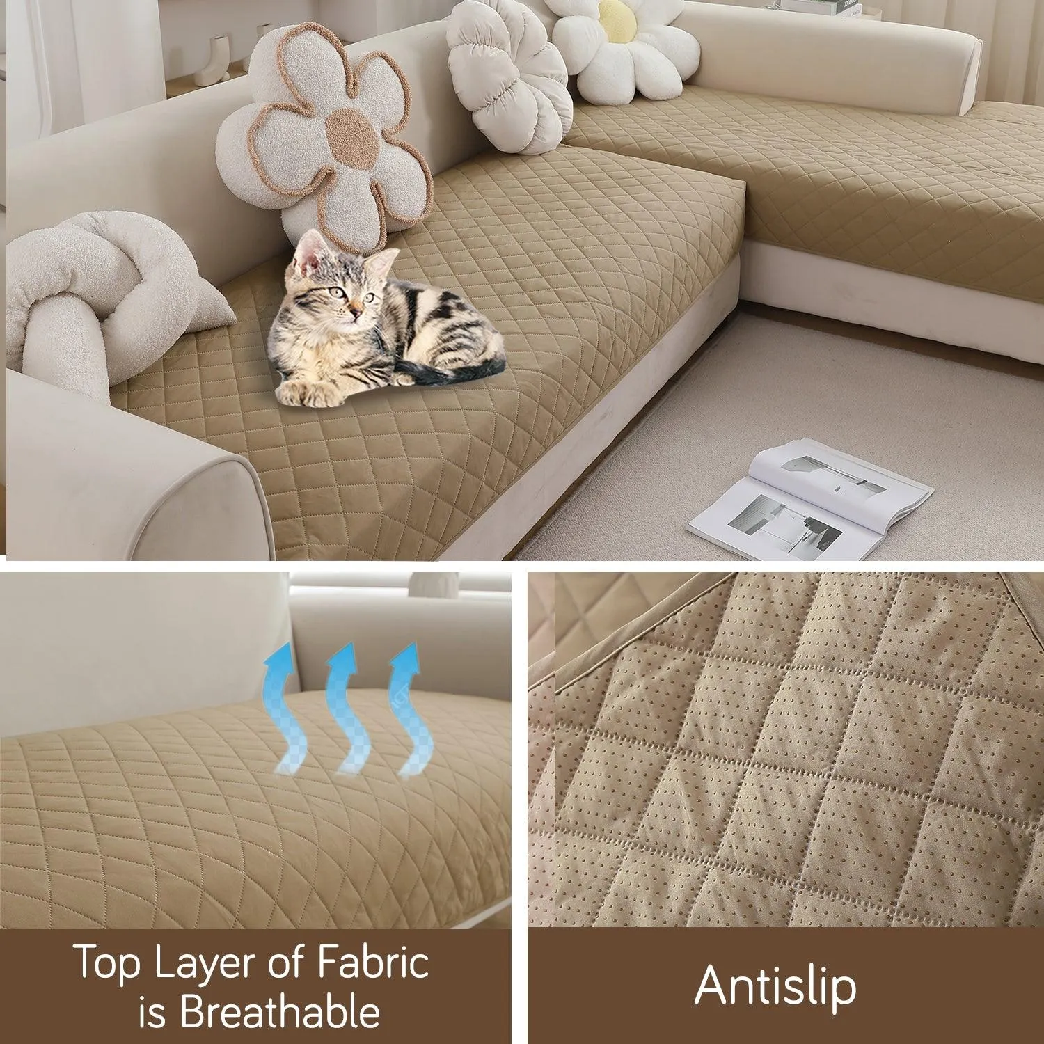 HOKIPO 3 2 L-Shape Sofa Mat - Waterproof, Anti-Slip, Quick Dry, Beige