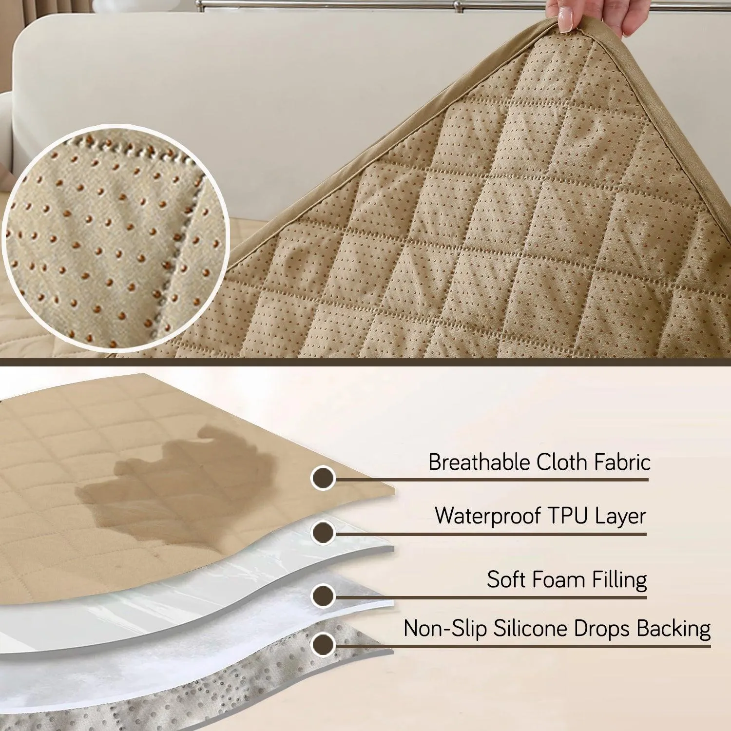 HOKIPO 3 2 L-Shape Sofa Mat - Waterproof, Anti-Slip, Quick Dry, Beige